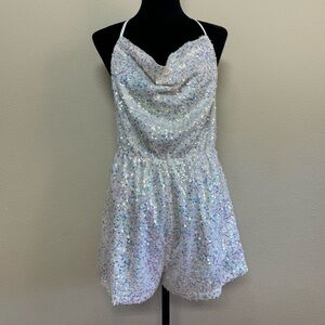 Cloud Ten romper women large cowl neck open back sequin halter one piece white